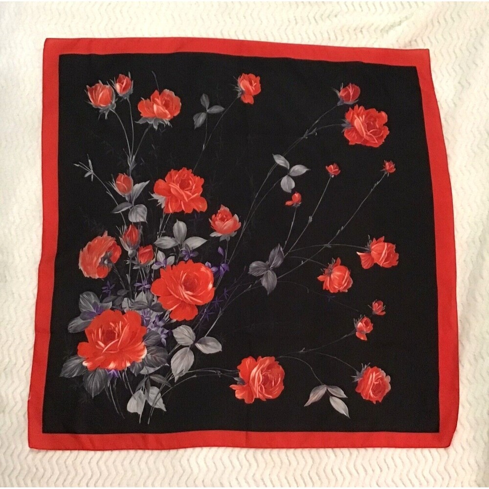 Womens Floral Scarf Head Wrap Black Red 30" Square Roses Missing Tag